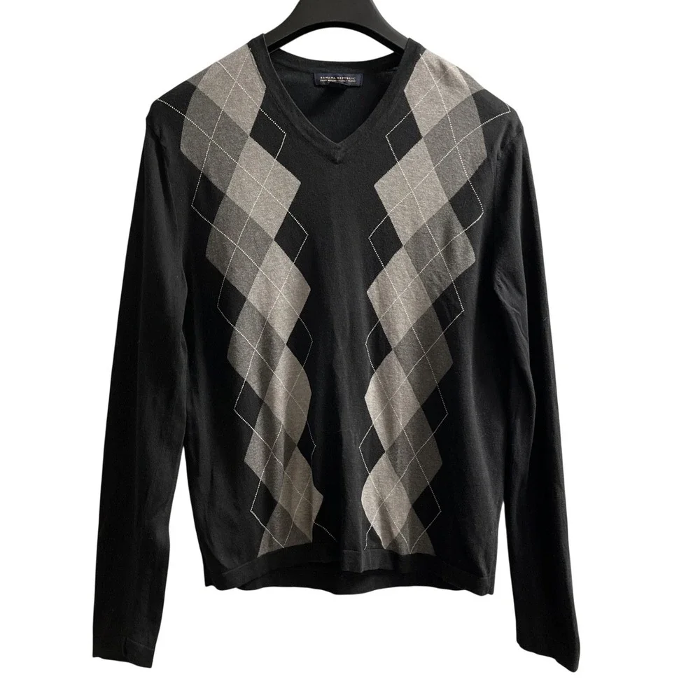 Banana Republic Sweater Black Argyle Silk‎ Cashmere Blend Pullover V Neck Mens M